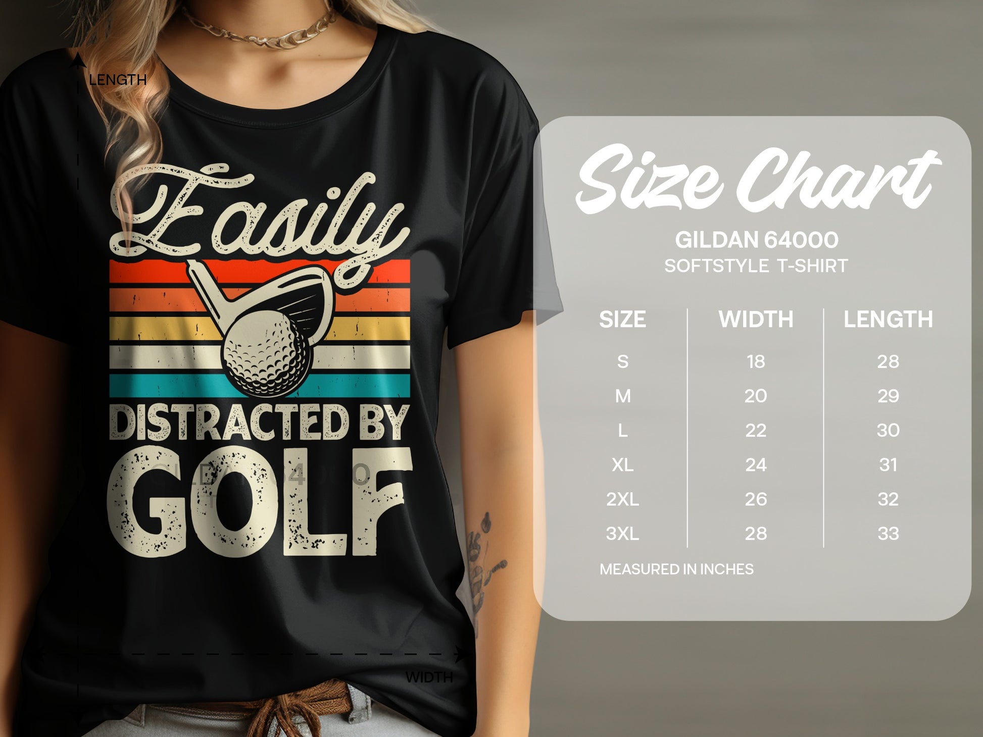 T-shirt with "Easily Distracted by Golf" text and golf ball graphic.