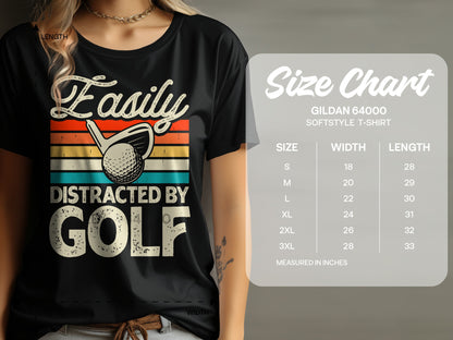 T-shirt with "Easily Distracted by Golf" text and golf ball graphic.