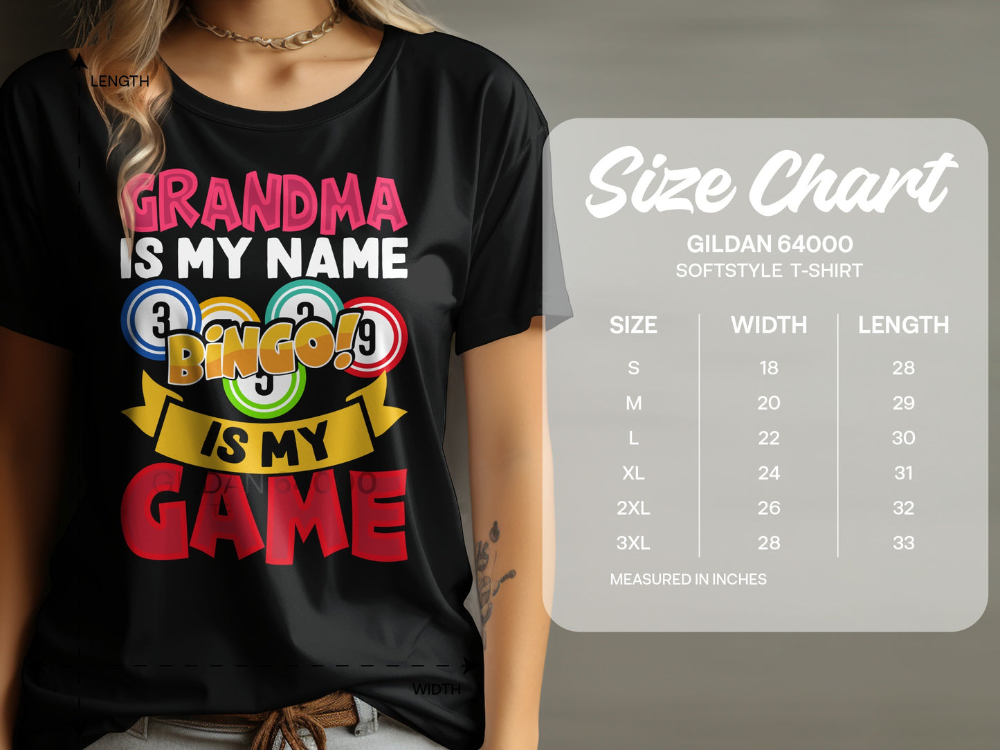 Black t-shirt with "Grandma is my name, Bingo is my game" text.