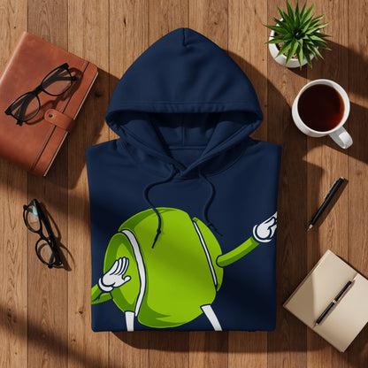 Navy hoodie with a green cartoon tennis ball doing a dab.