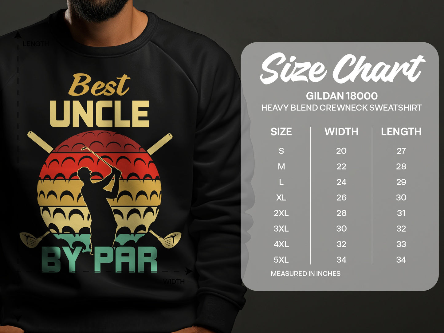 Black sweatshirt with "Best Uncle By Par" golf graphic and size chart.