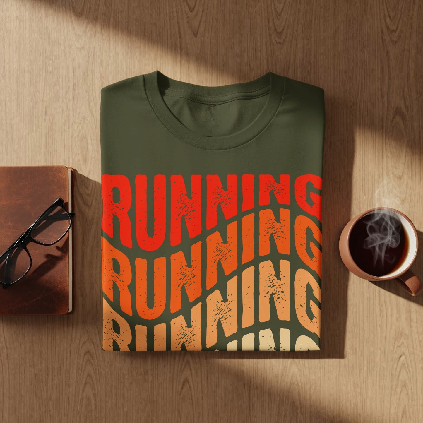 Olive green t-shirt with "RUNNING" in bold red, orange, and tan text.