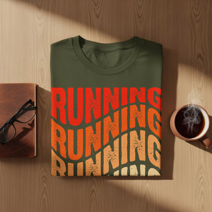 Olive green t-shirt with "RUNNING" in bold red, orange, and tan text.