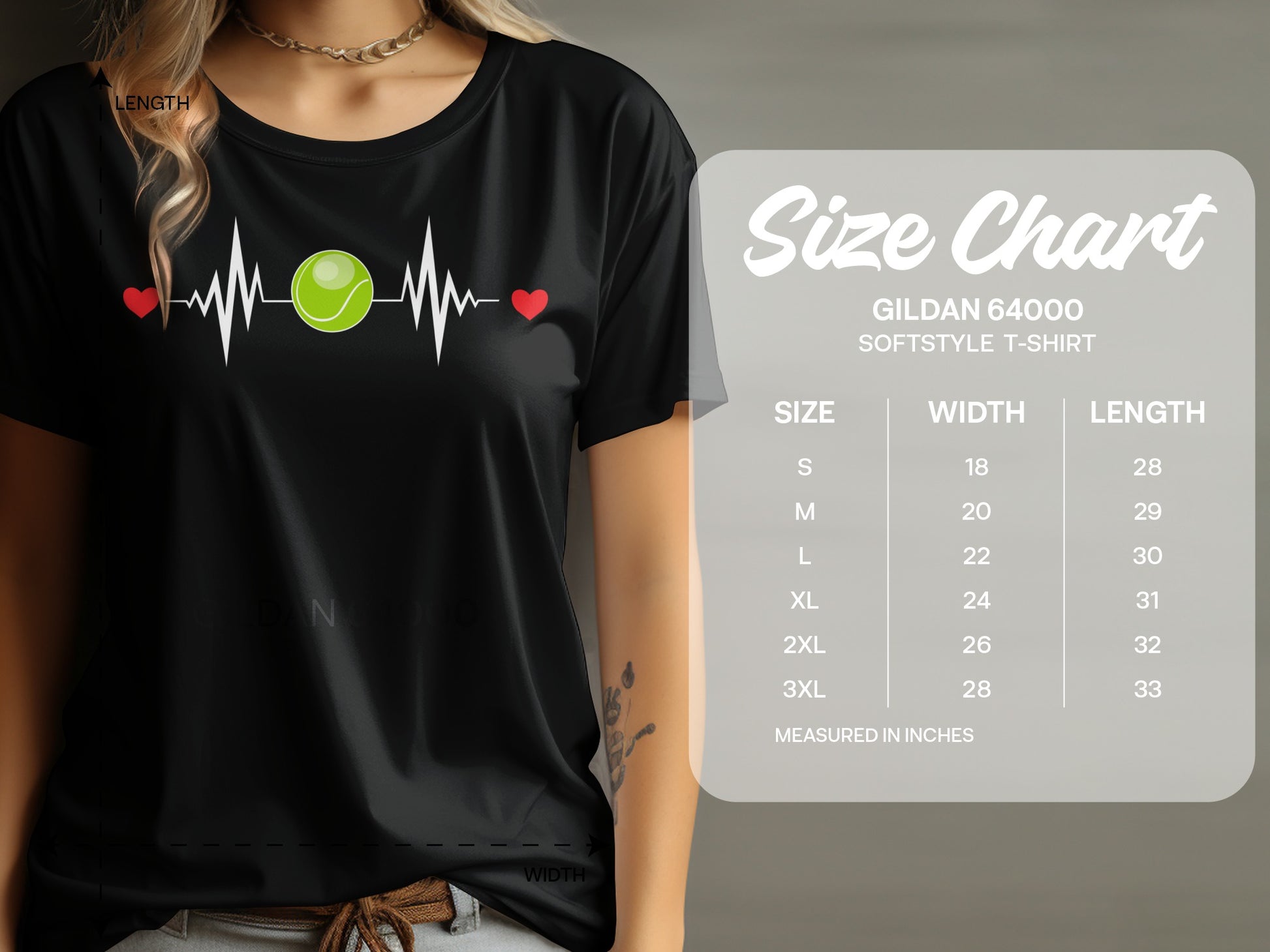 Black t-shirt with a graphic of a heartbeat line, tennis ball, and red hearts.