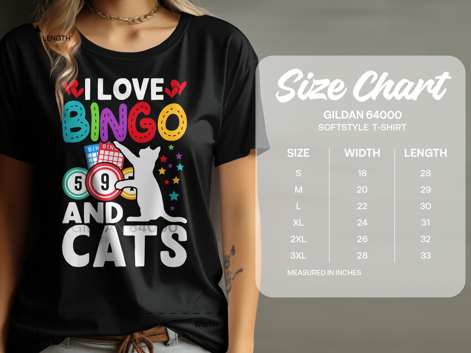T-shirt with "I Love Bingo and Cats" graphic, with size chart.