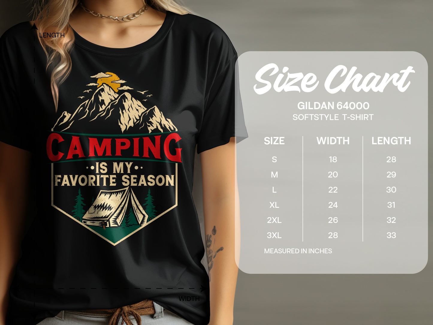 Black t-shirt with "Camping is my favorite season" graphic and size chart.