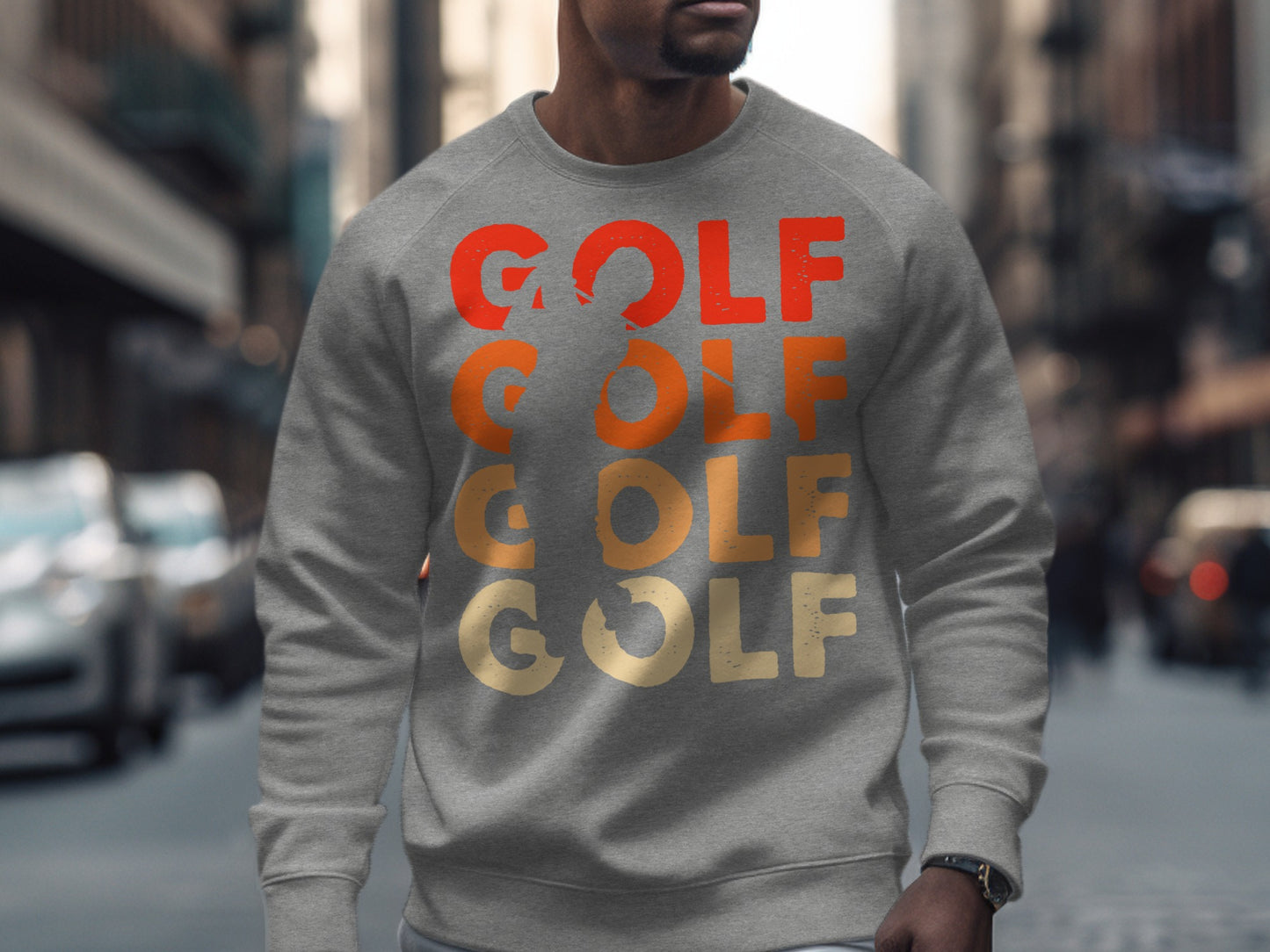 Gray sweatshirt with "GOLF" repeated in gradient orange and yellow text.