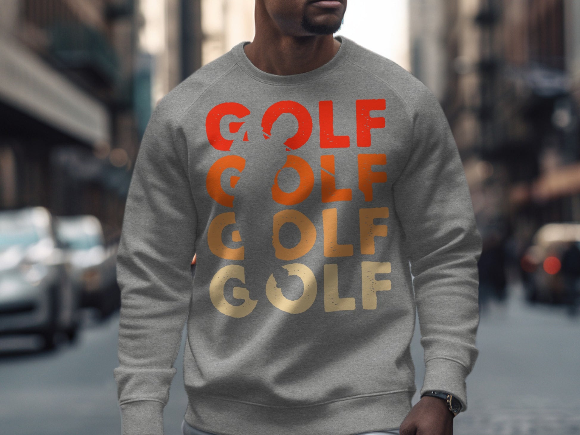 Gray sweatshirt with "GOLF" repeated in gradient orange and yellow text.