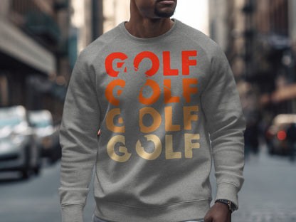 Gray sweatshirt with "GOLF" repeated in gradient orange and yellow text.