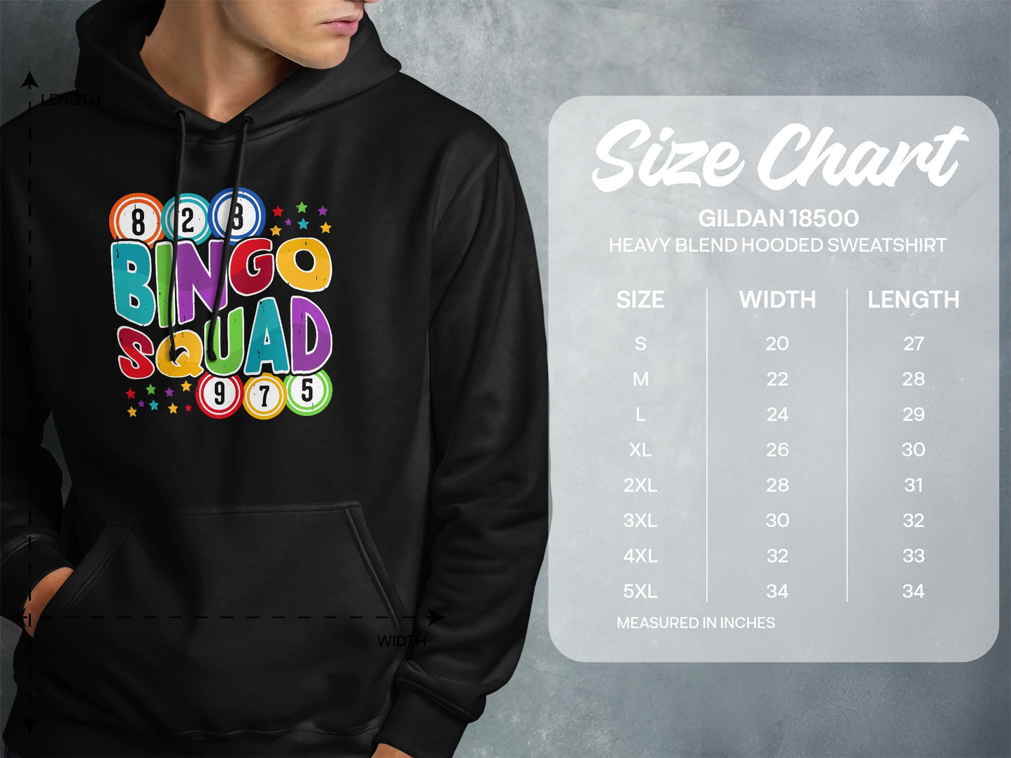 Black hoodie with "Bingo Squad" graphic and size chart for Gildan 18500 sweatshirt.