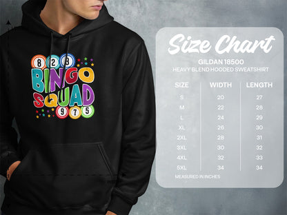 Black hoodie with "Bingo Squad" graphic and size chart for Gildan 18500 sweatshirt.