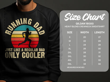 Running Dad graphic sweatshirt with size chart for Gildan 18000 sweatshirt.