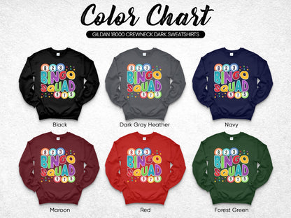 Gildan 18000 sweatshirt color chart showing Black, Heather, Navy, Maroon, Red, and Forest Green.