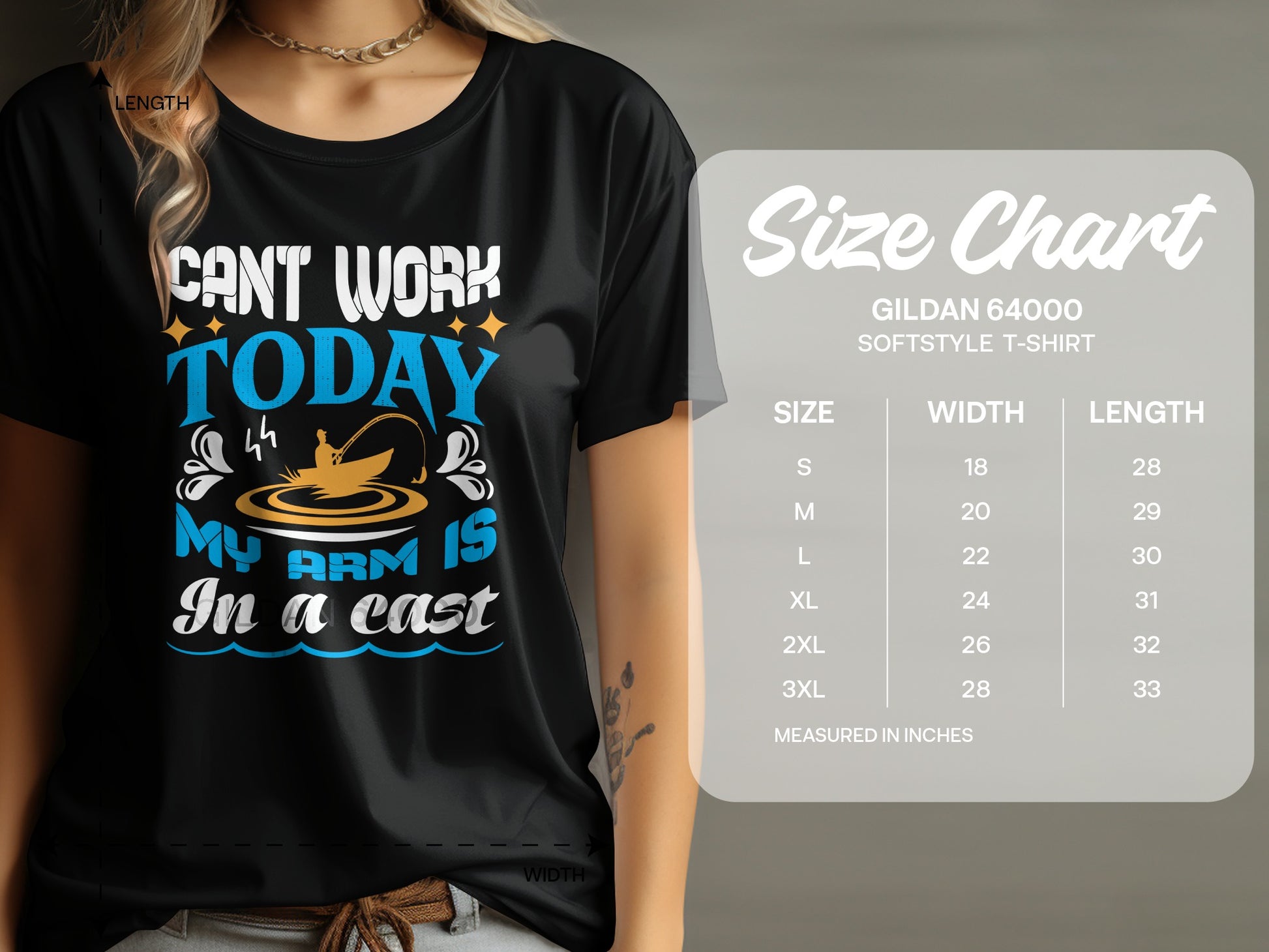 T-shirt with "Can't work today, my arm is in a cast" text and size chart.