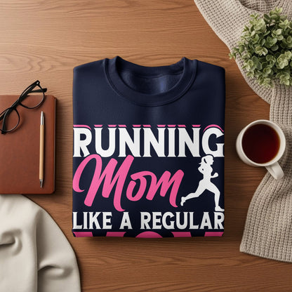 Navy sweatshirt with pink text "RUNNING Mom LIKE A REGULAR".