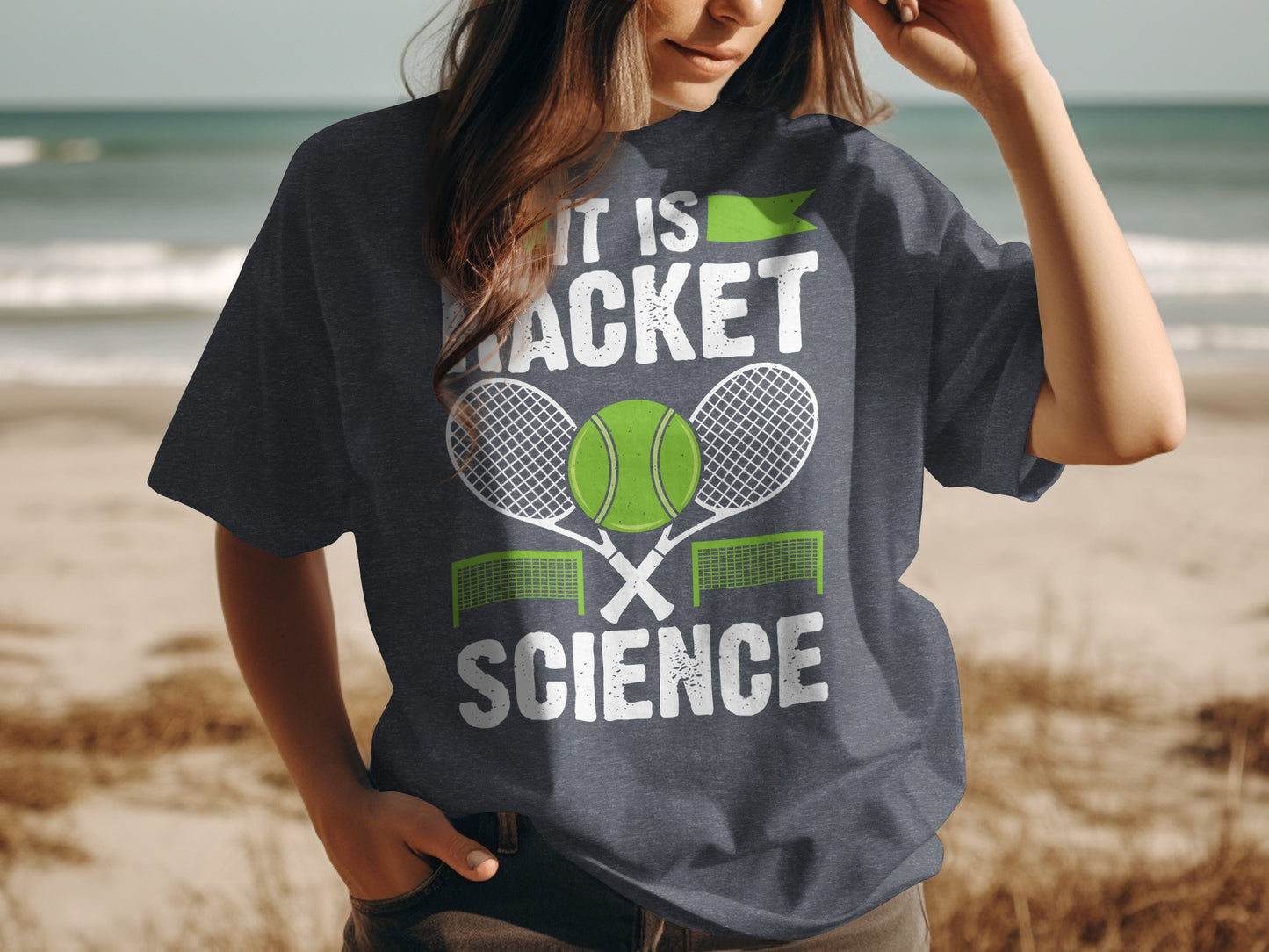 Dark t-shirt with text "IT IS RACKET SCIENCE" and tennis graphics.
