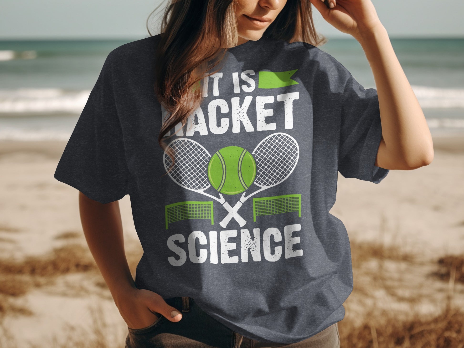 Dark t-shirt with text "IT IS RACKET SCIENCE" and tennis graphics.