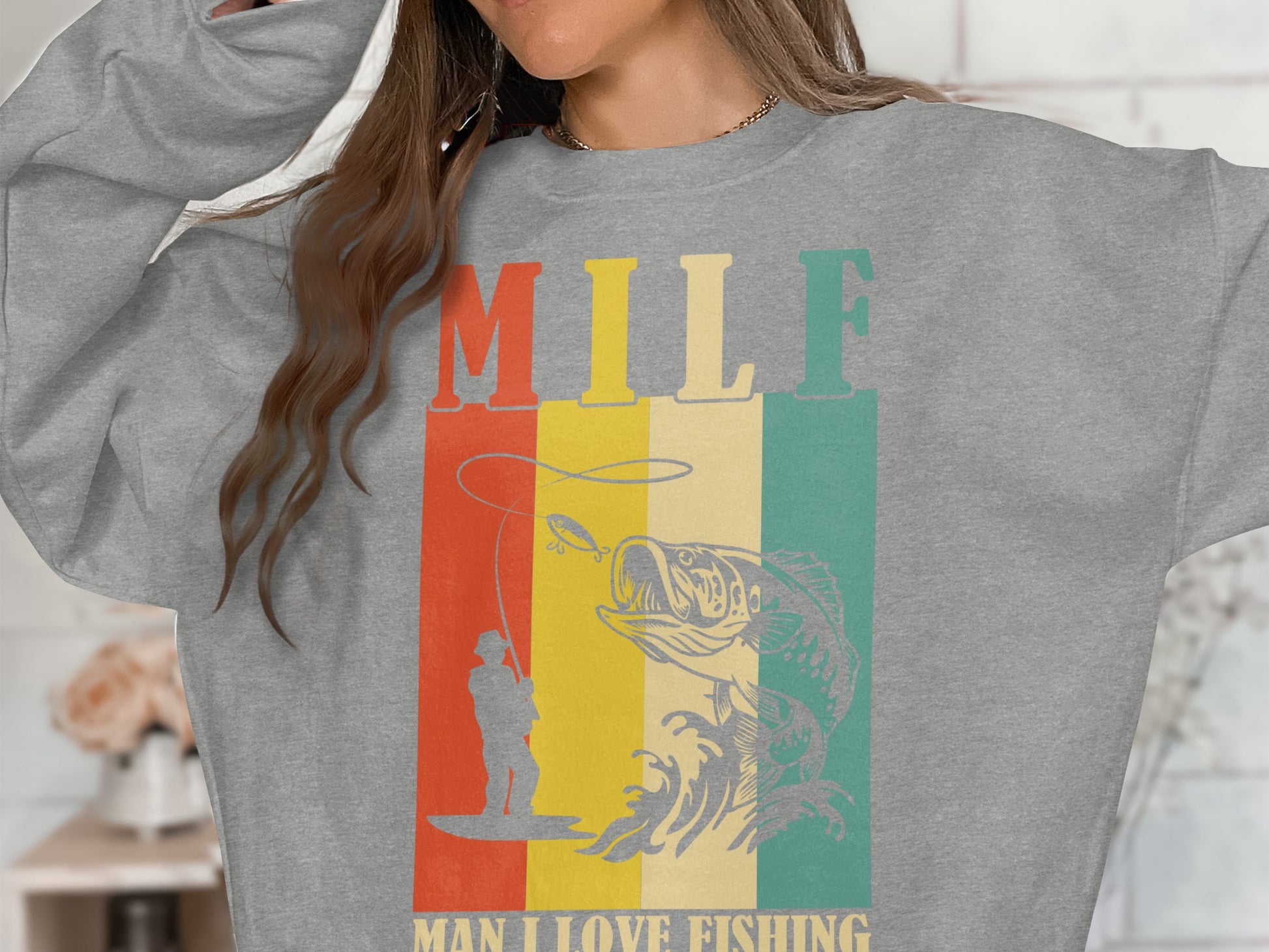 Grey sweatshirt with vintage fishing graphic and "MILF MAN I LOVE FISHING" text.