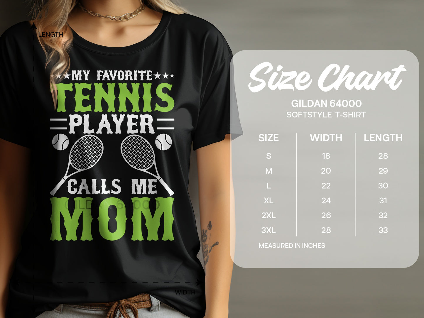 Green t-shirt with "My Favorite Tennis Player Calls Me Mom" text and size chart.