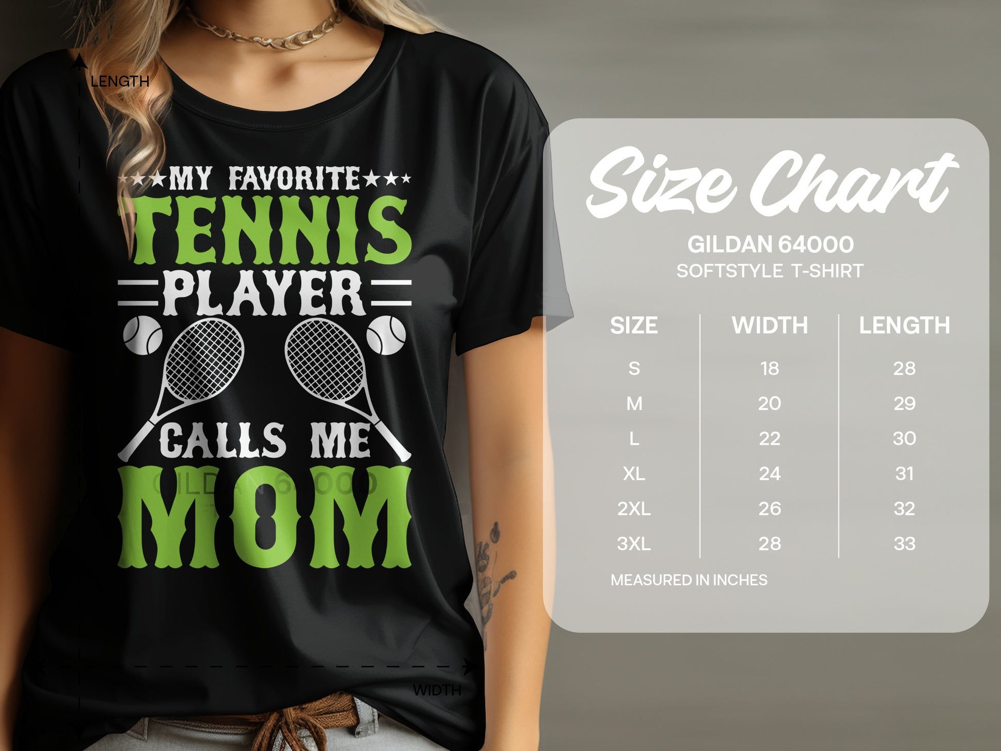 Green t-shirt with "My Favorite Tennis Player Calls Me Mom" text and size chart.