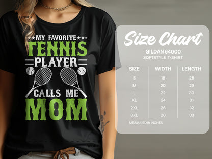 Green t-shirt with "My Favorite Tennis Player Calls Me Mom" text and size chart.