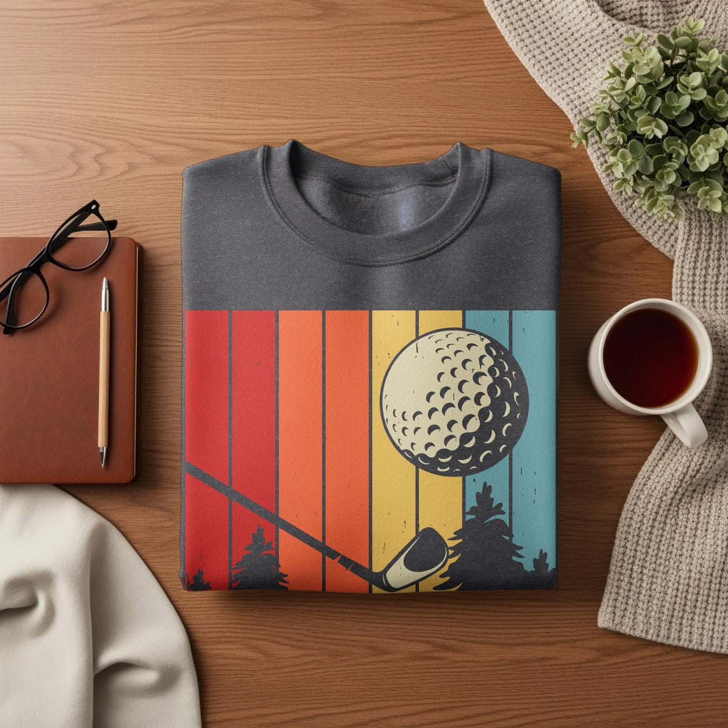 Dark grey sweatshirt with retro golf sunset graphic.