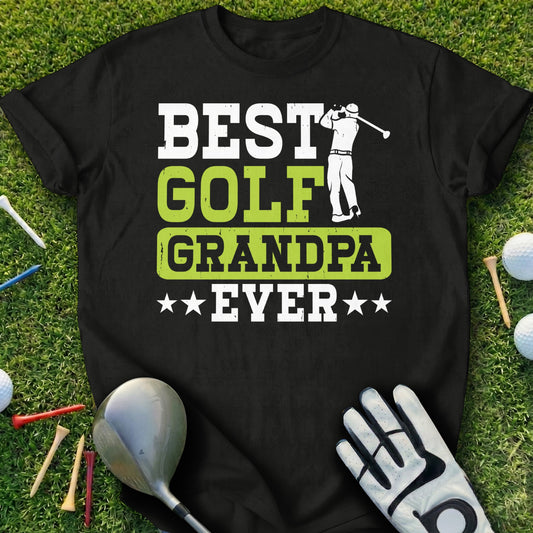 Black t-shirt with "BEST GOLF GRANDPA EVER" text and golfer graphic.