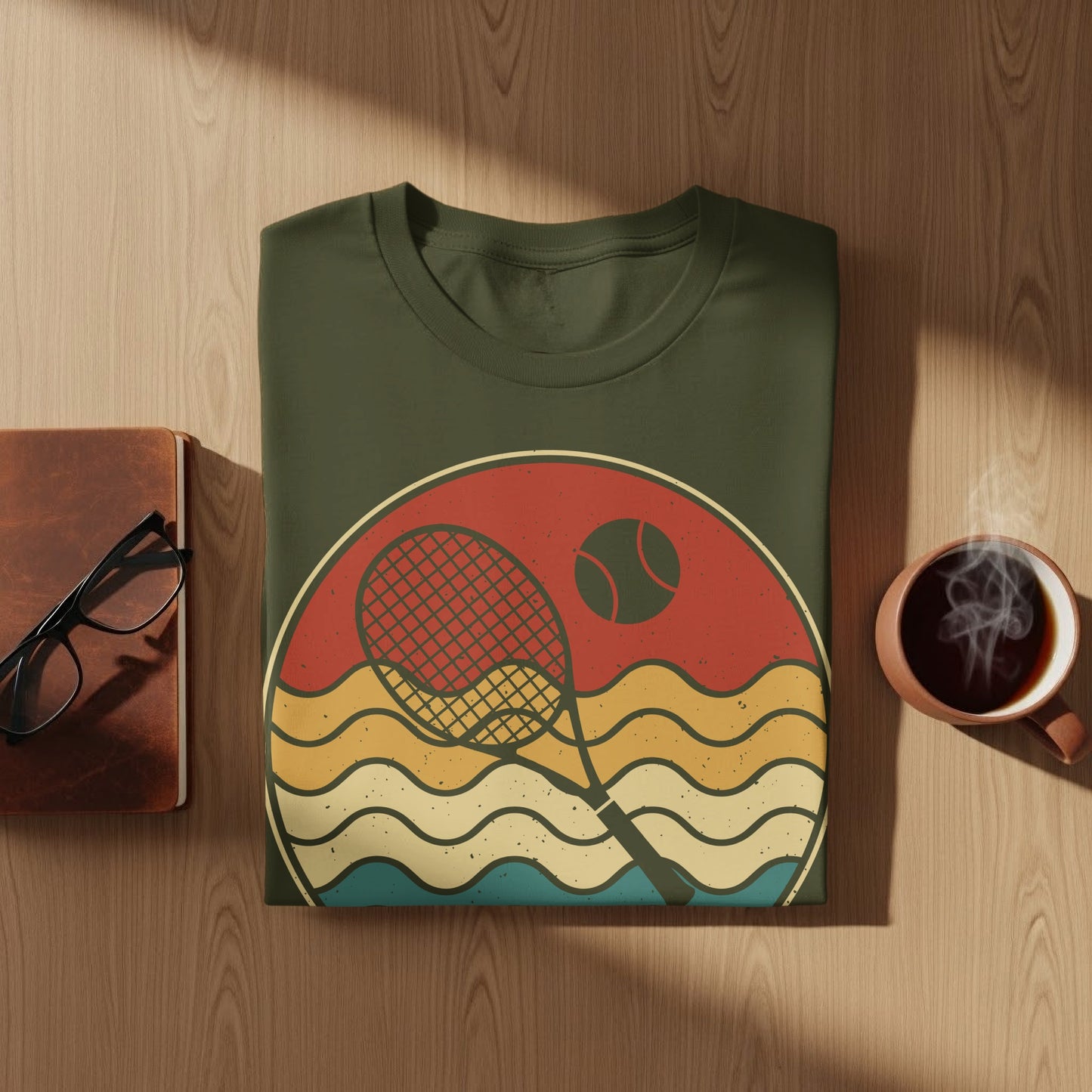 Olive t-shirt with a retro tennis graphic featuring a racket, ball, and wavy sunset.