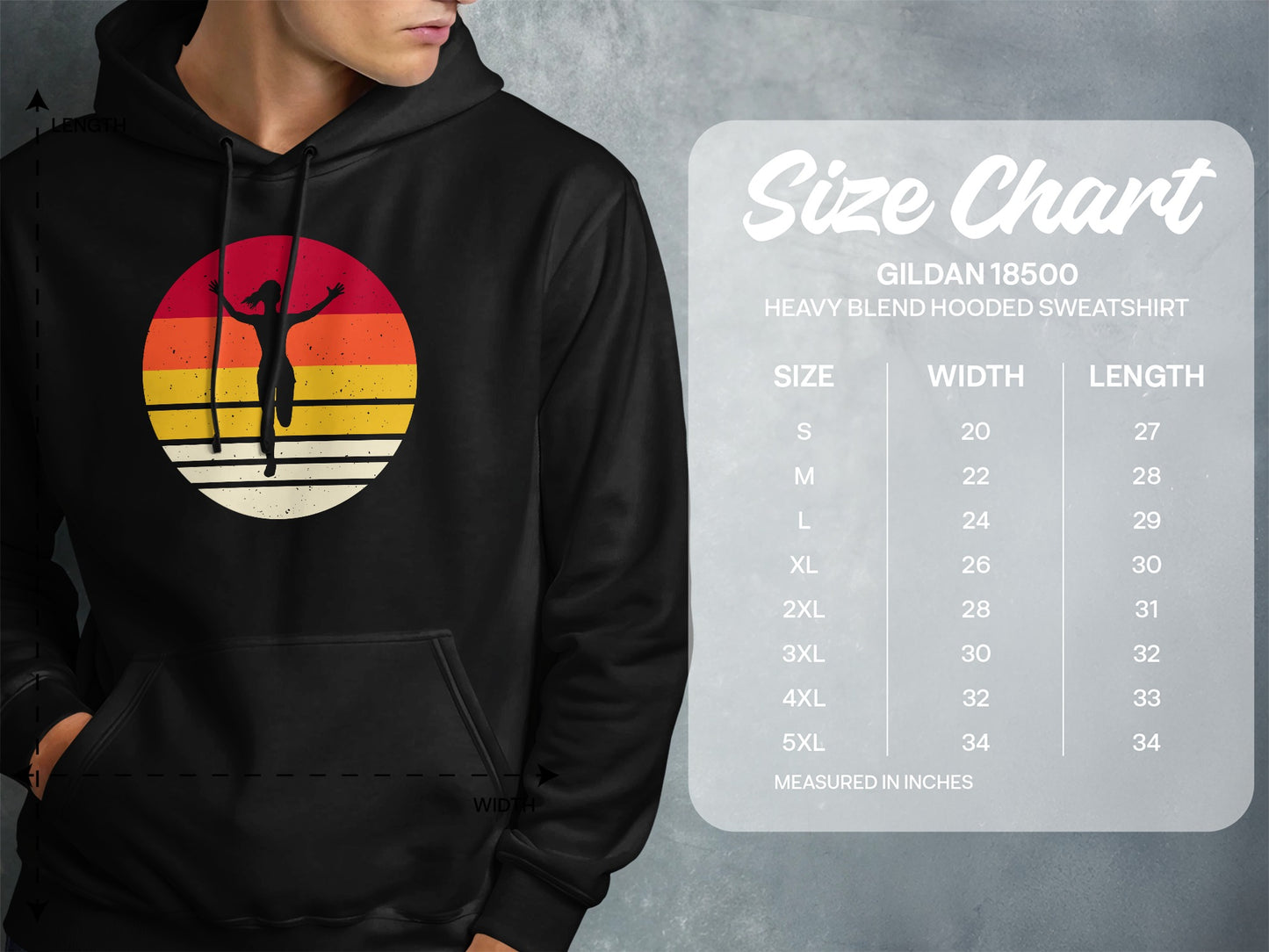 Gildan 18500 Heavy Blend hooded sweatshirt size chart in inches.