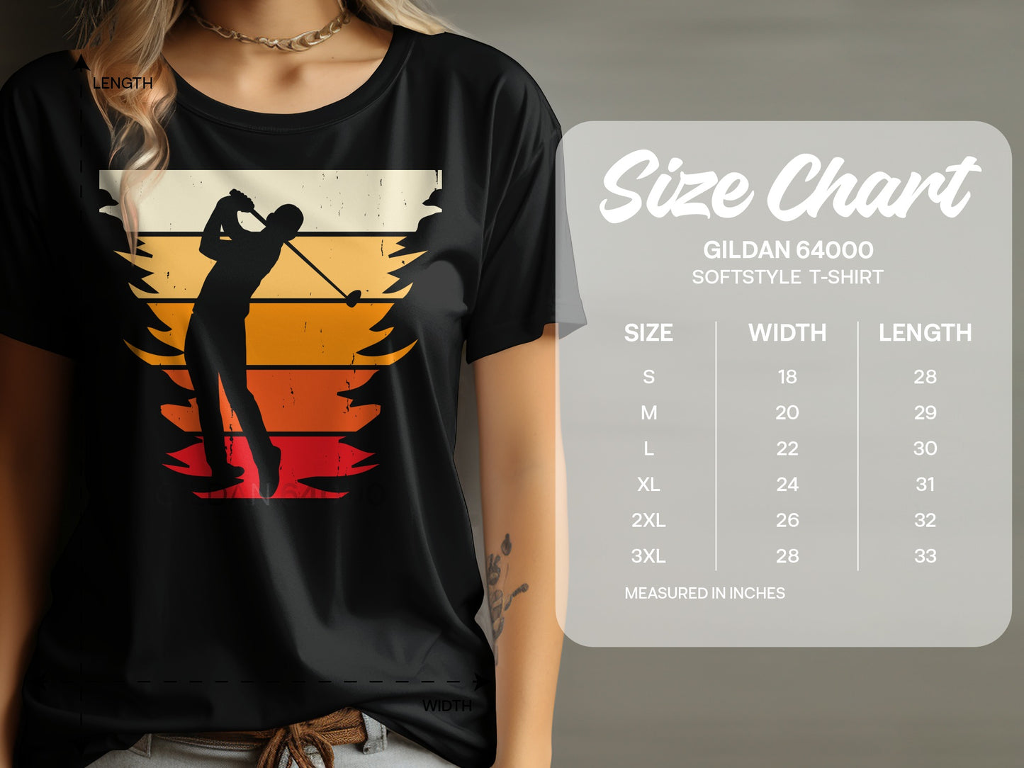 Gildan 64000 Softstyle T-shirt size chart with golfer silhouette.