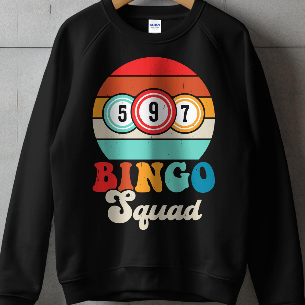Black sweatshirt with "BINGO Squad" text and bingo balls.