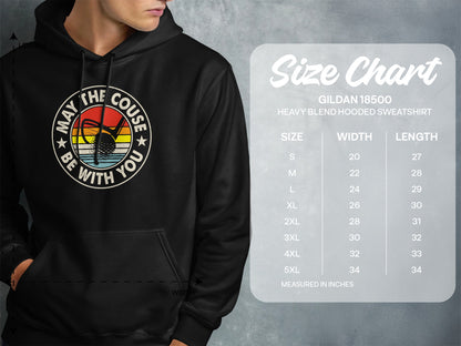 Hoodie with "May the couse be with you" text and golf ball graphic, alongside a size chart.