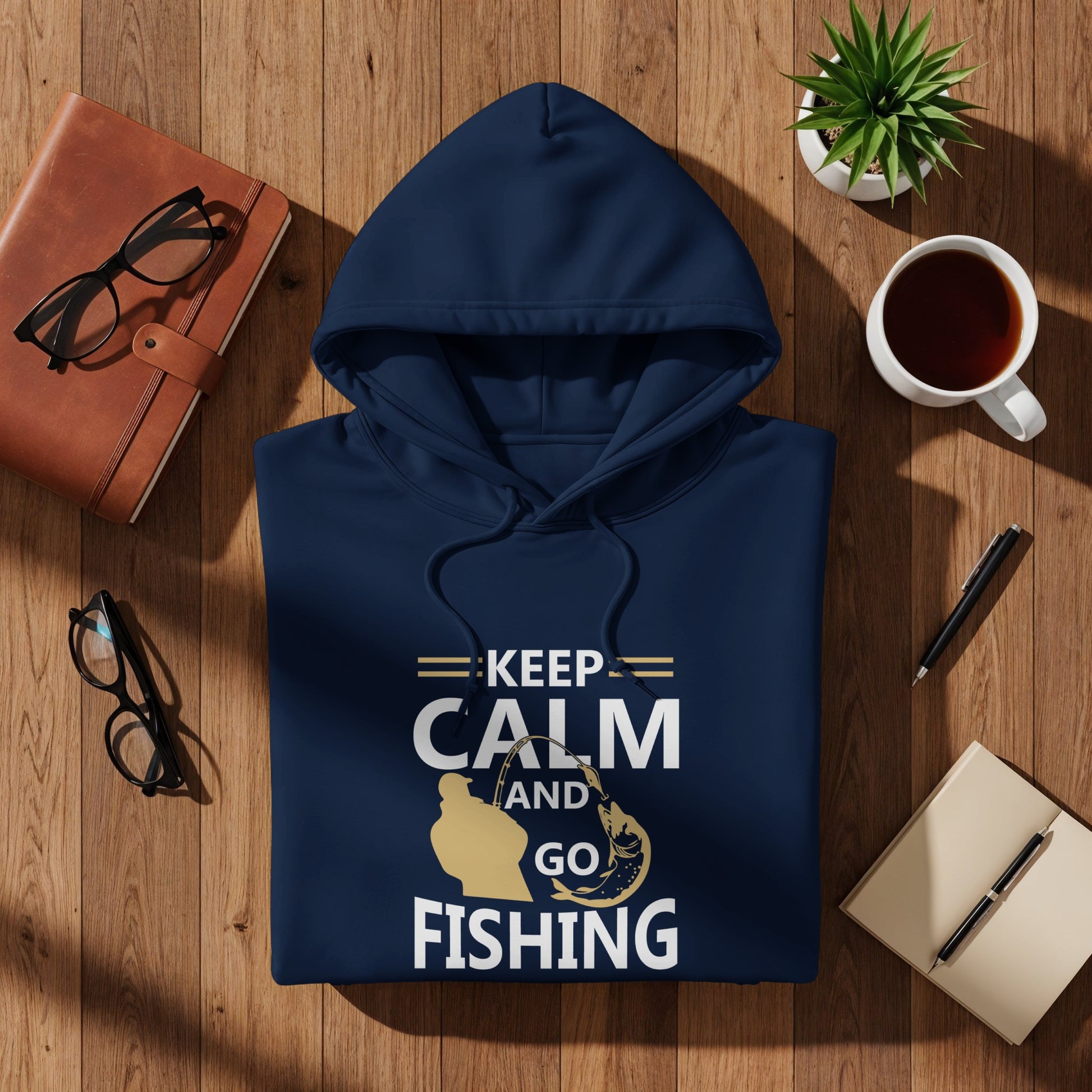 Navy hoodie with "Keep Calm and Go Fishing" text and graphic.