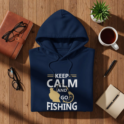 Navy hoodie with "Keep Calm and Go Fishing" text and graphic.