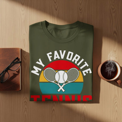Olive green t-shirt with "MY FAVORITE TENNIS" and crossed rackets graphic.