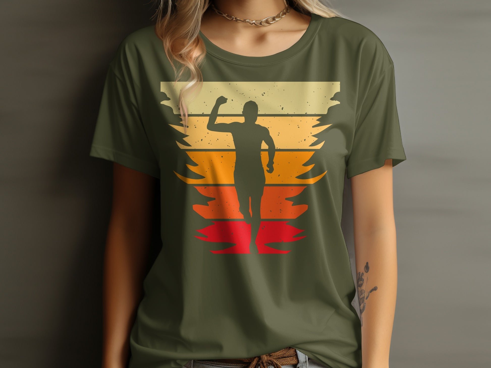 Runner silhouette with outstretched arm against layered sunset stripes.