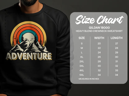Gildan 18000 sweatshirt size chart with adventure graphic.