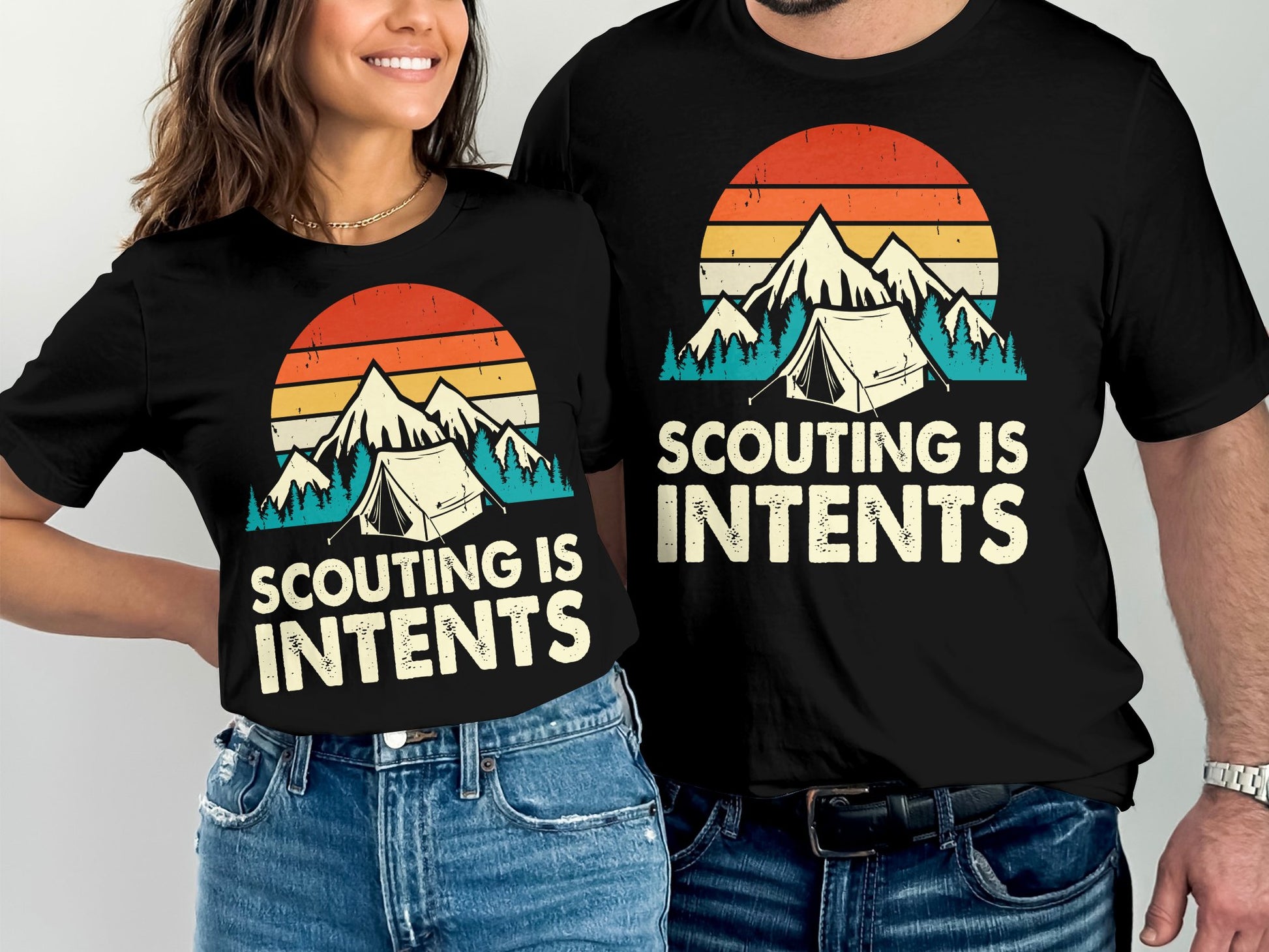 T-shirts with "Scouting is Intents" text and mountain sunset graphic.