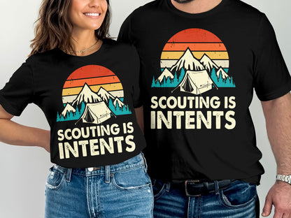 T-shirts with "Scouting is Intents" text and mountain sunset graphic.