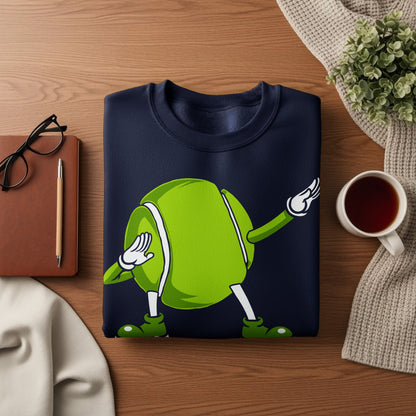 Navy sweatshirt with a cartoon tennis ball dabbing.