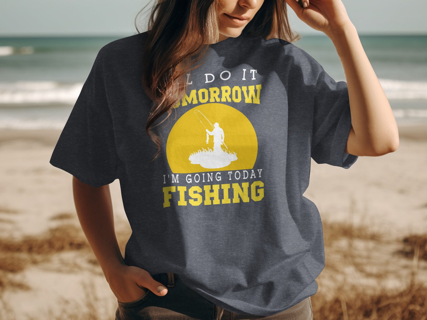 Dark t-shirt with yellow graphic: "I'll do it tomorrow, I'm going fishing today."