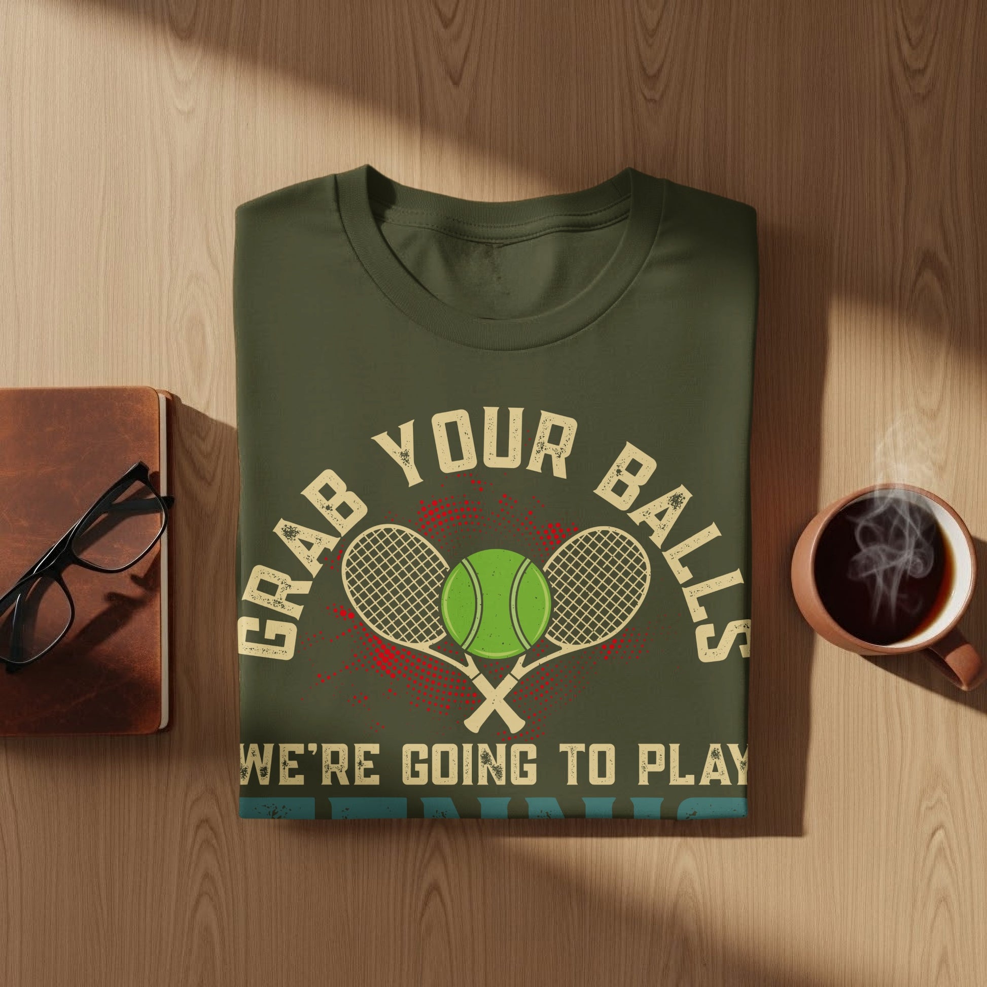 Green t-shirt with "Grab Your Balls We're Going To Play" text and tennis imagery.