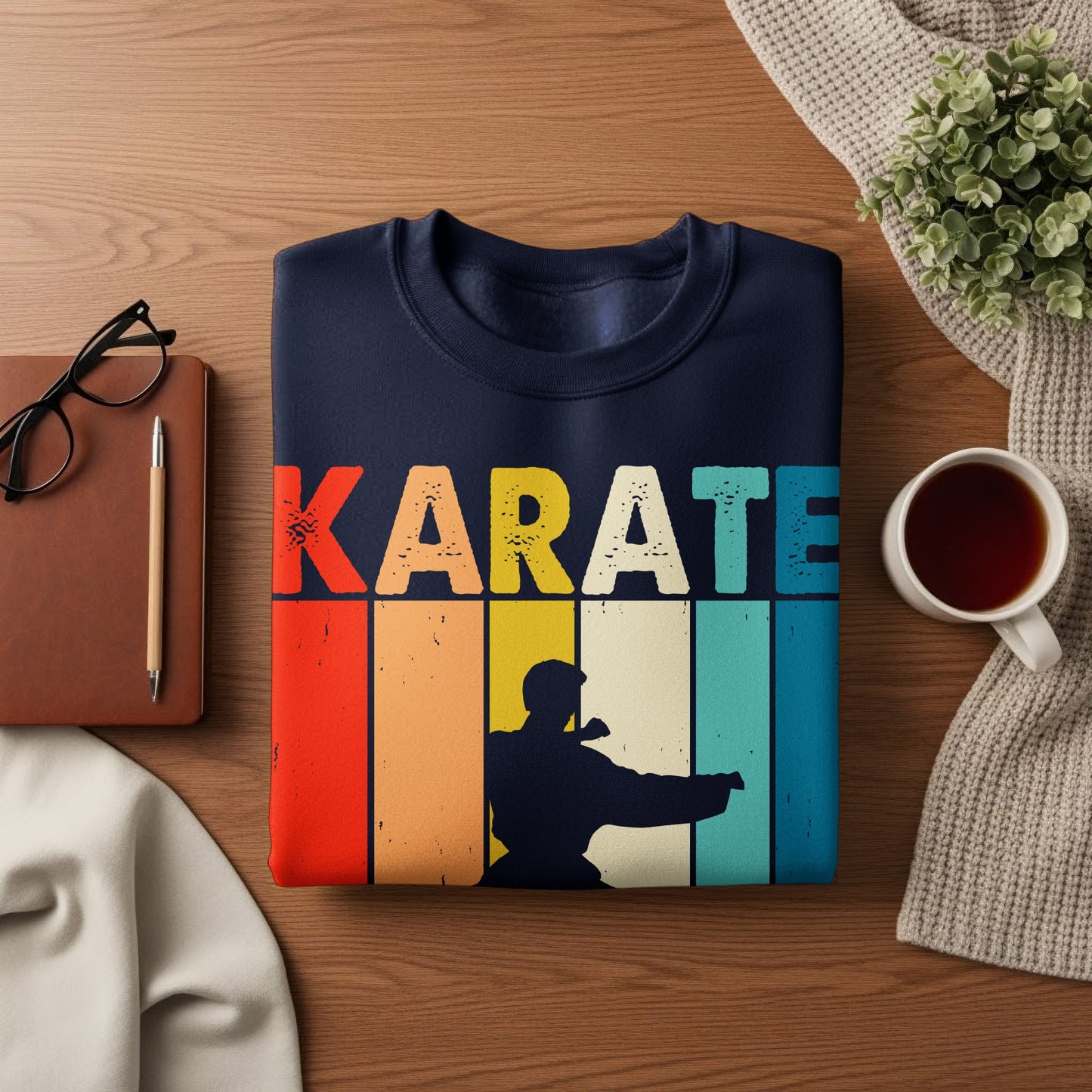 Retro KARATE graphic sweatshirt with silhouette of martial artist.