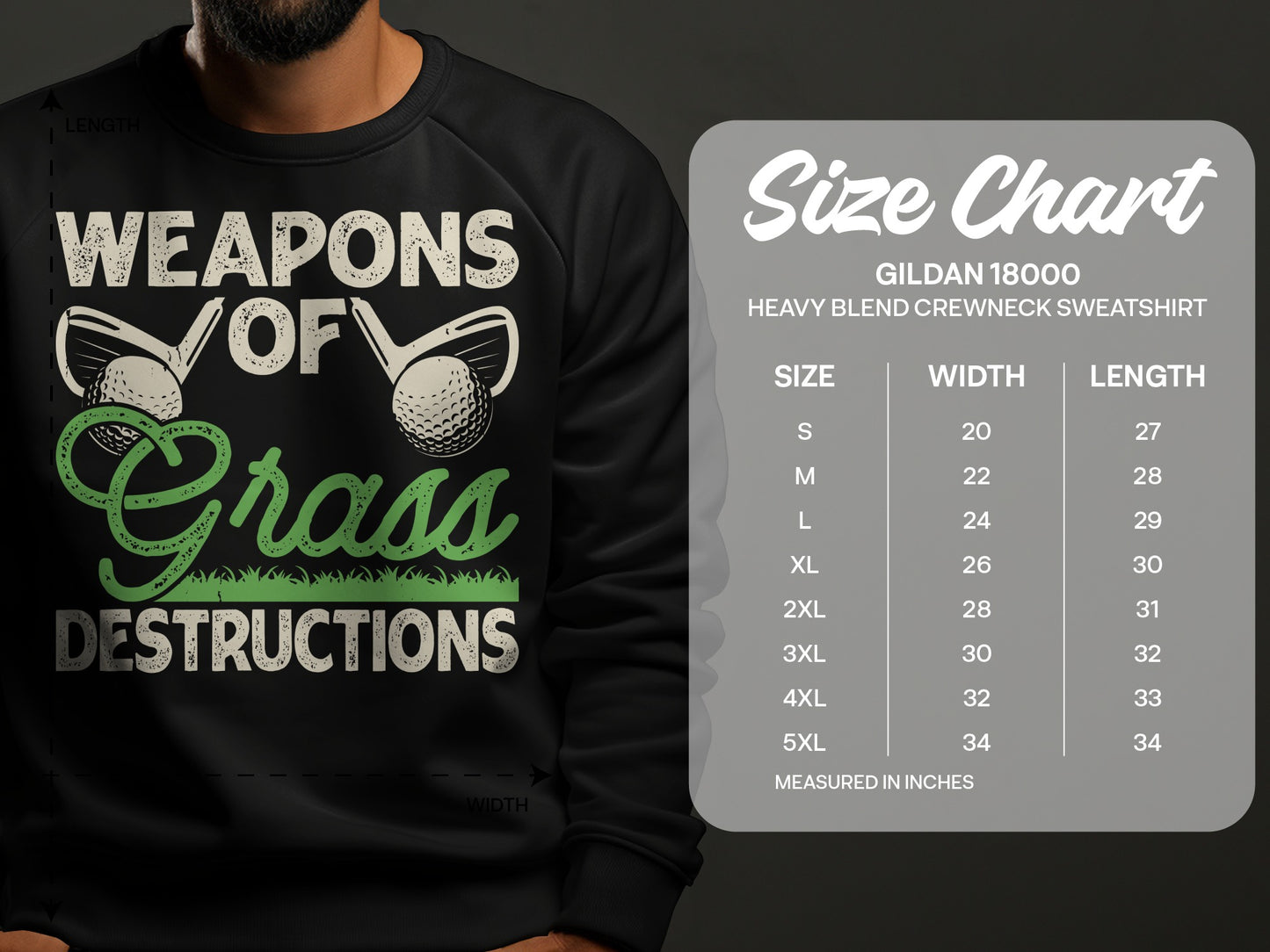 Gildan 18000 sweatshirt size chart with measurements in inches.