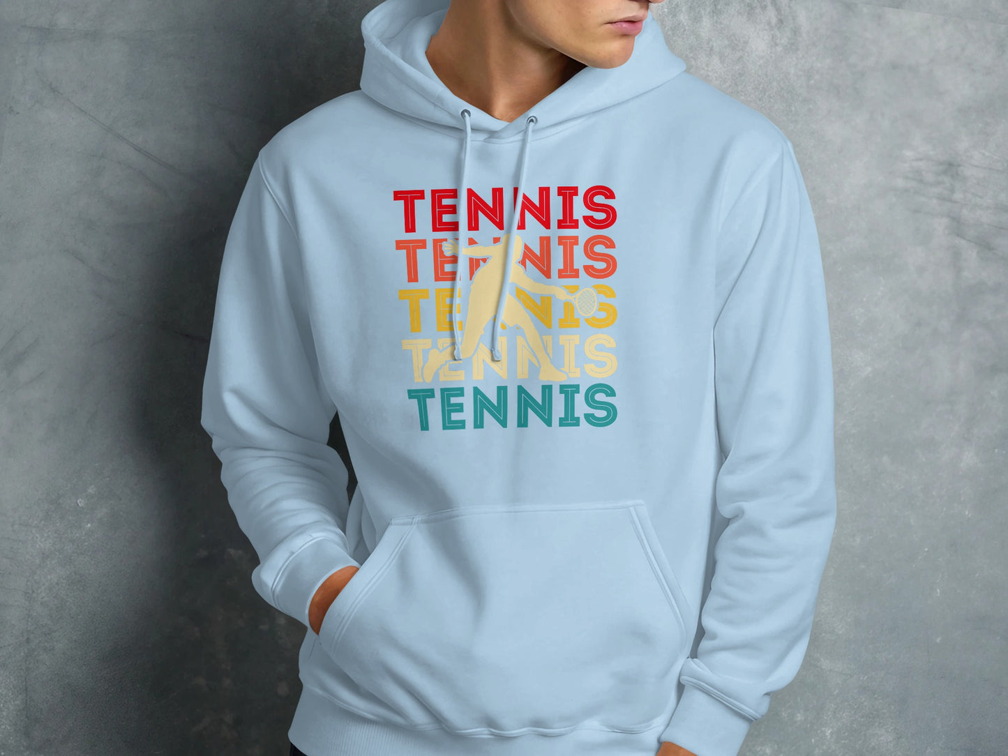 Light blue hoodie with "TENNIS" in stacked, colorful, distressed lettering.