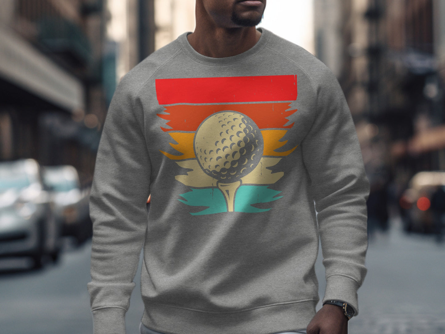 Grey sweatshirt featuring a retro-style graphic of a golf ball on a tee.
