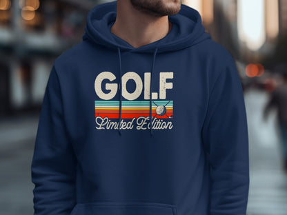 Navy blue hoodie with "GOLF Limited Edition" text and golf ball.
