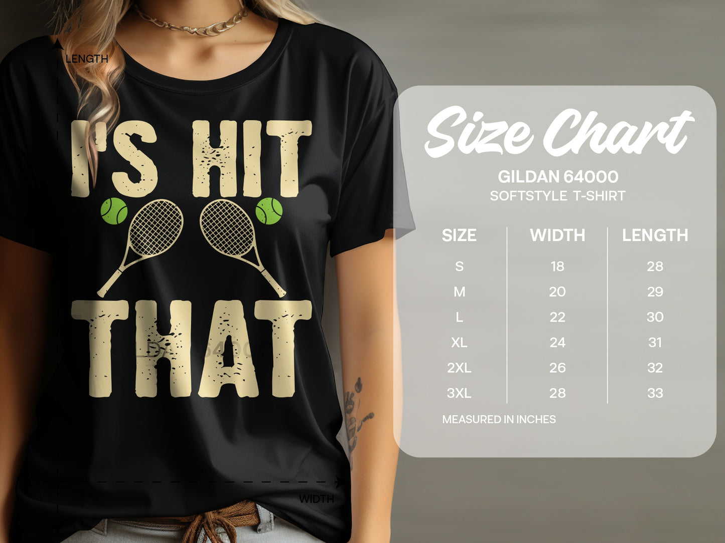 T-shirt with "I'S HIT THAT" and tennis rackets, with size chart.