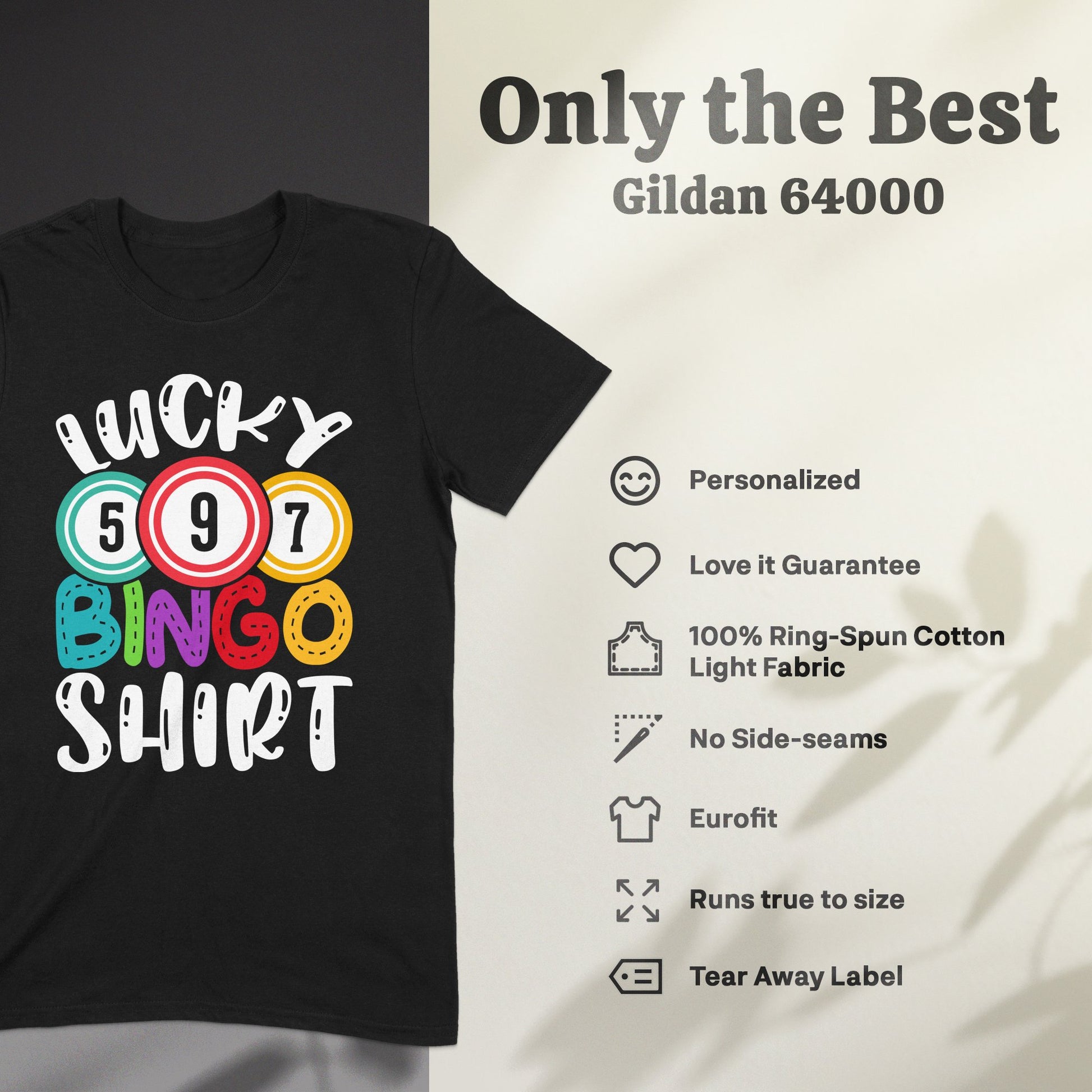 Black t-shirt with "Lucky Bingo Shirt" text and colorful bingo balls.