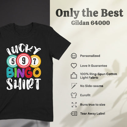 Black t-shirt with "Lucky Bingo Shirt" text and colorful bingo balls.